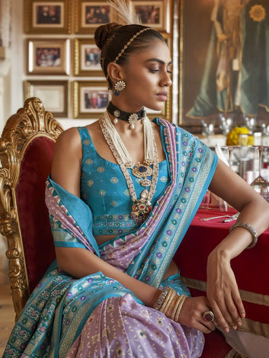 Desirable Lavender Printed Silk Event Wear Saree With Blouse